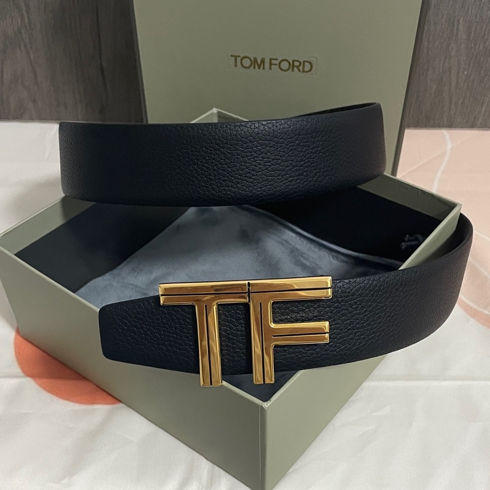 Tom Ford Black Leather Belt with Gold TF Logo Buckle